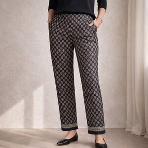 J.Crew Printed Slim (100%) Silk Pants | Navy & Green Pattern | Size 12 Like New